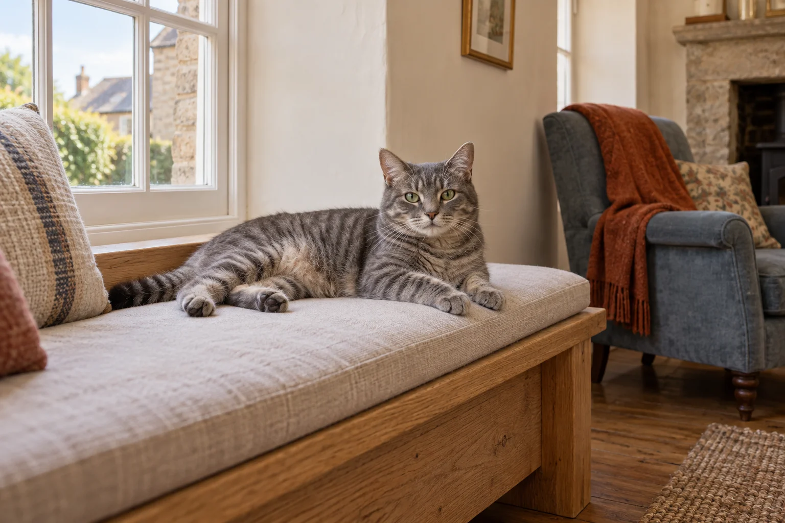 Grey tabby resting on a broad cushioned window bench in a warm living room